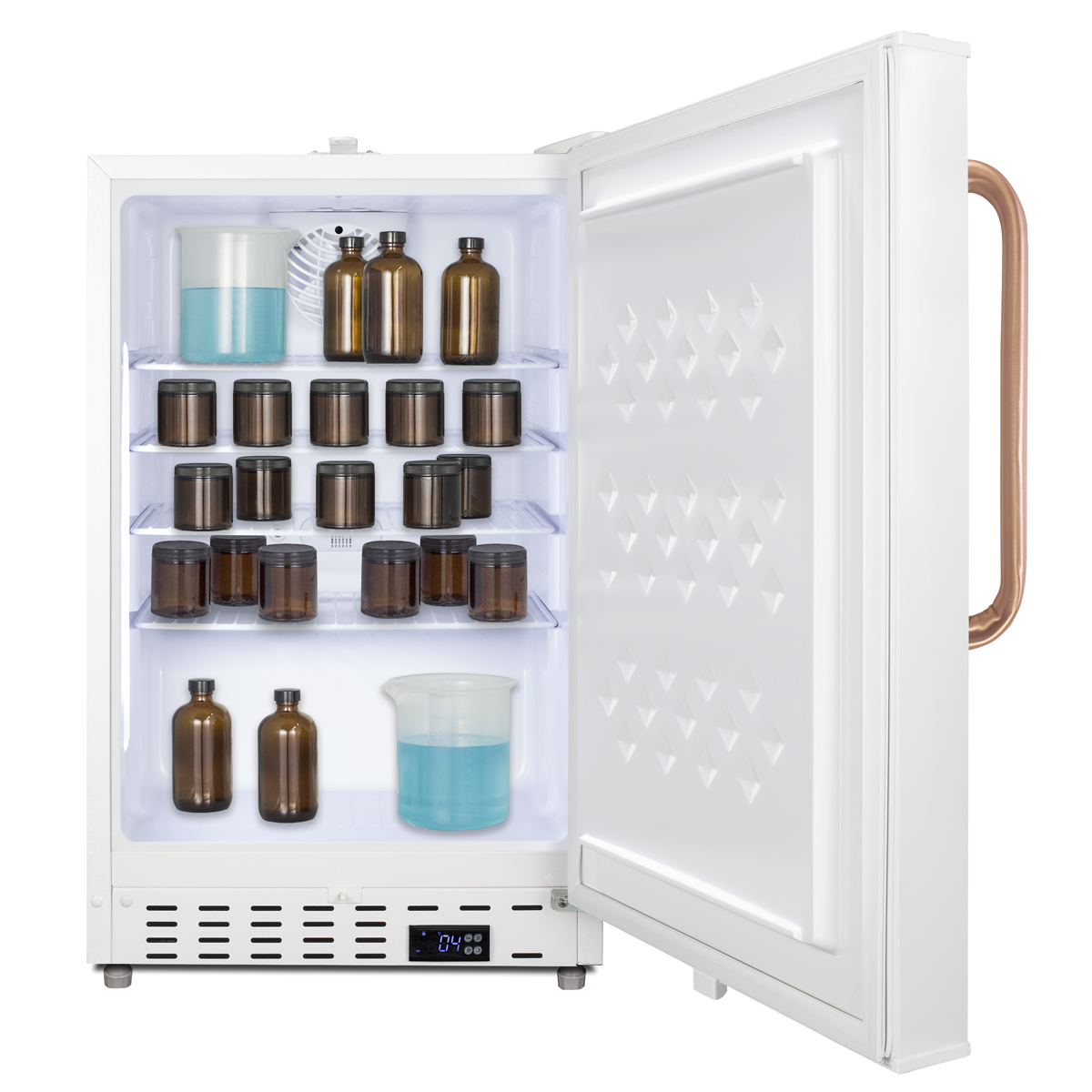 Built-in undercounter ADA compliant +2 C to +8 C all-refrigerator in white with pure copper towel bar handle, lock, digital controls, wire shelving, hospital cord with 'green dot' plug, factory installed access port, and automatic defrost operation